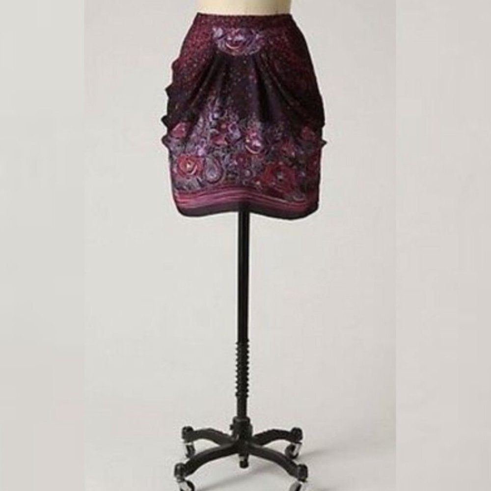 Anthropologie Anna Sui‎ 100% Silk Purple Pink Mini Skirt Bohemian Boho Size 0